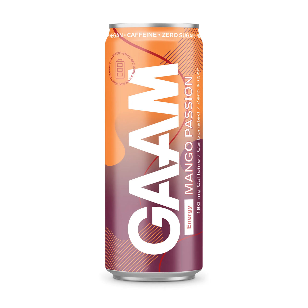 GAAM Energy 330 ml vegaaninen energiajuoma oranssissa ja violetissa tölkissä, makuna Mango Passion., kuva 3/11