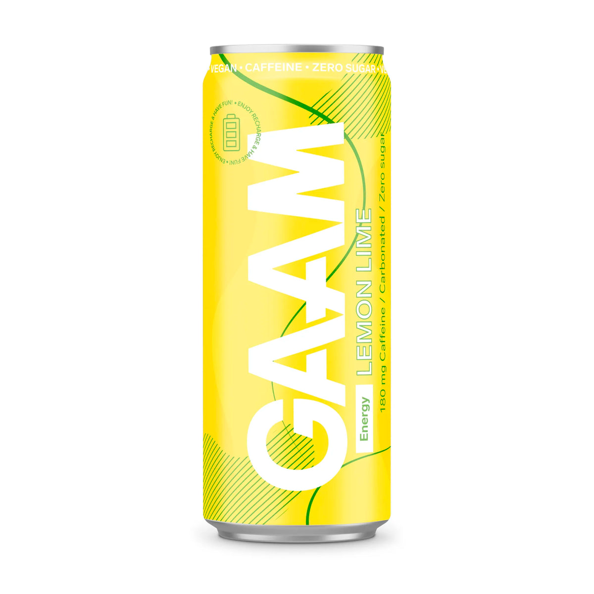 GAAM Energy 330 ml -energiajuoma keltaisessa tölkissä vihreillä yksityiskohdilla, makuna Lemon Lime.