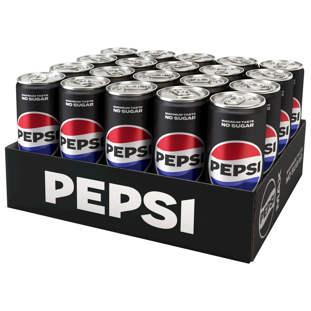 20 x Pepsi MAX 330 ml lavalla, jossa on mustat tölkit ja klassinen Pepsi-logo., kuva 1/1