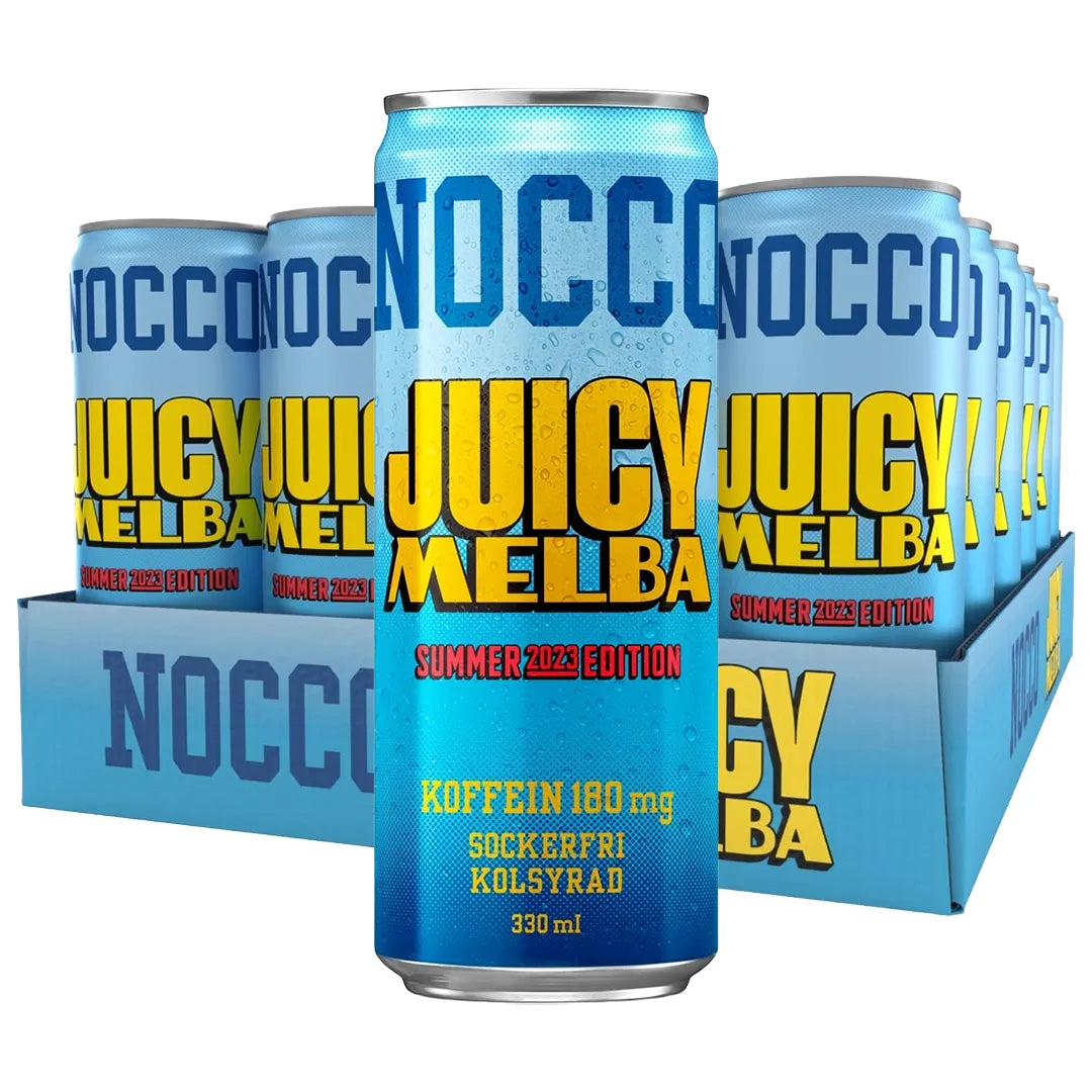 24 x NOCCO BCAA 330 ml Juicy Melba vaaleansinisessä laatikossa energiajuomatölkkejä keltaisella tekstillä., kuva 1/1