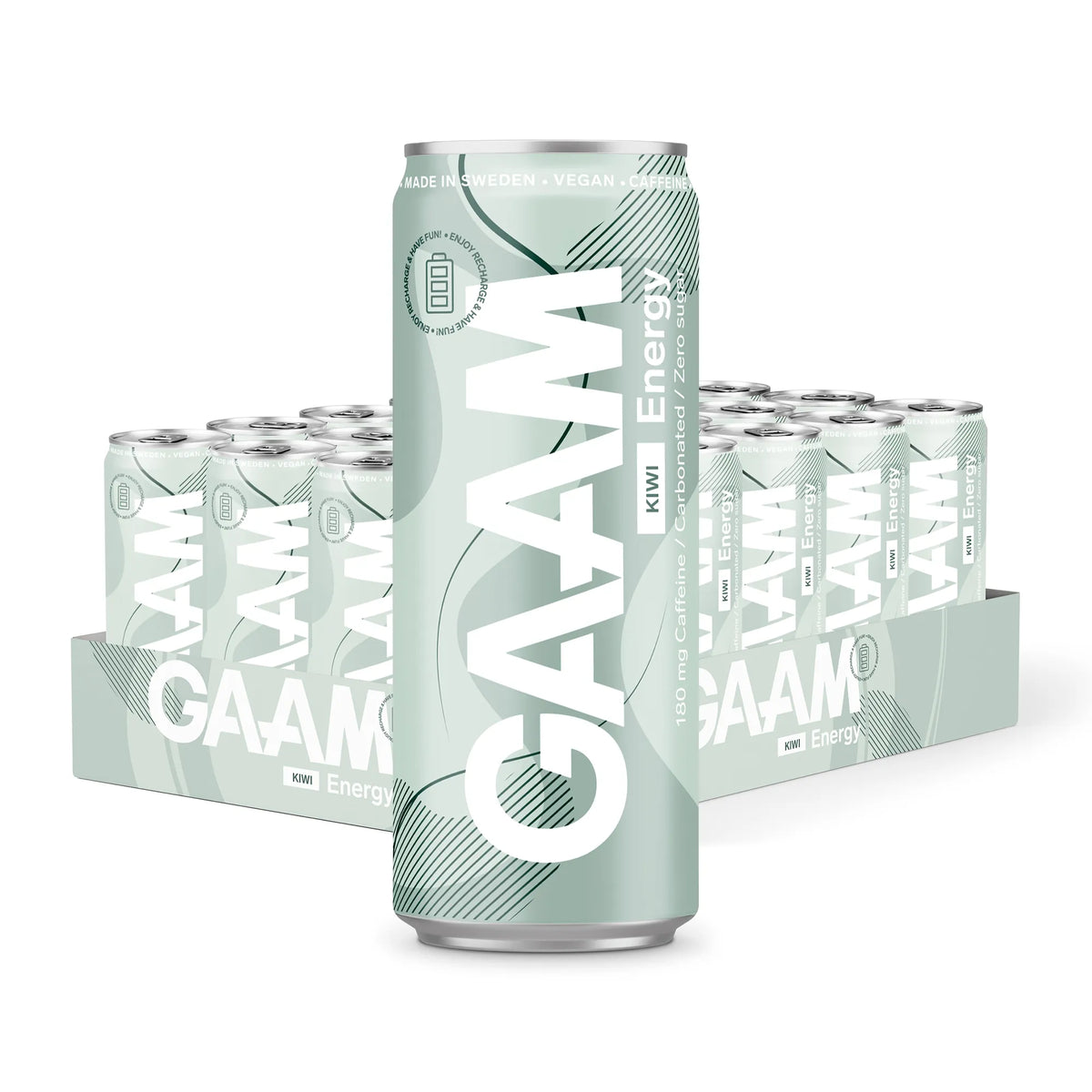 24 x GAAM Energy 330 ml Kiwi vaaleanvihreässä laatikossa energiajuomatölkkejä vaaleanvihreillä ja valkoisilla kuvioilla., kuva 1/1