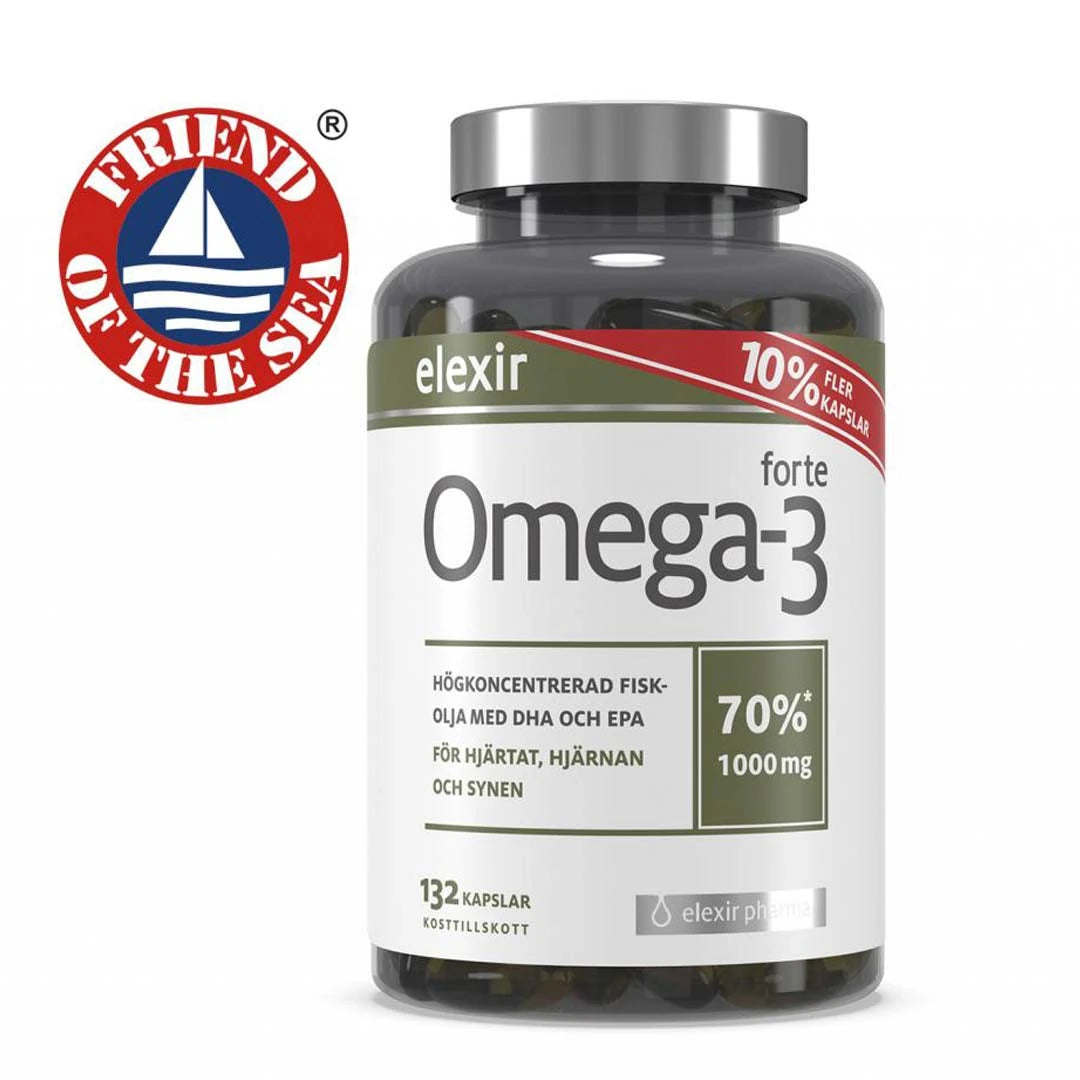 Elexir Pharma Omega-3 Forte 132 caps tummassa purkissa hopeakannella ja valkoisella etiketillä.