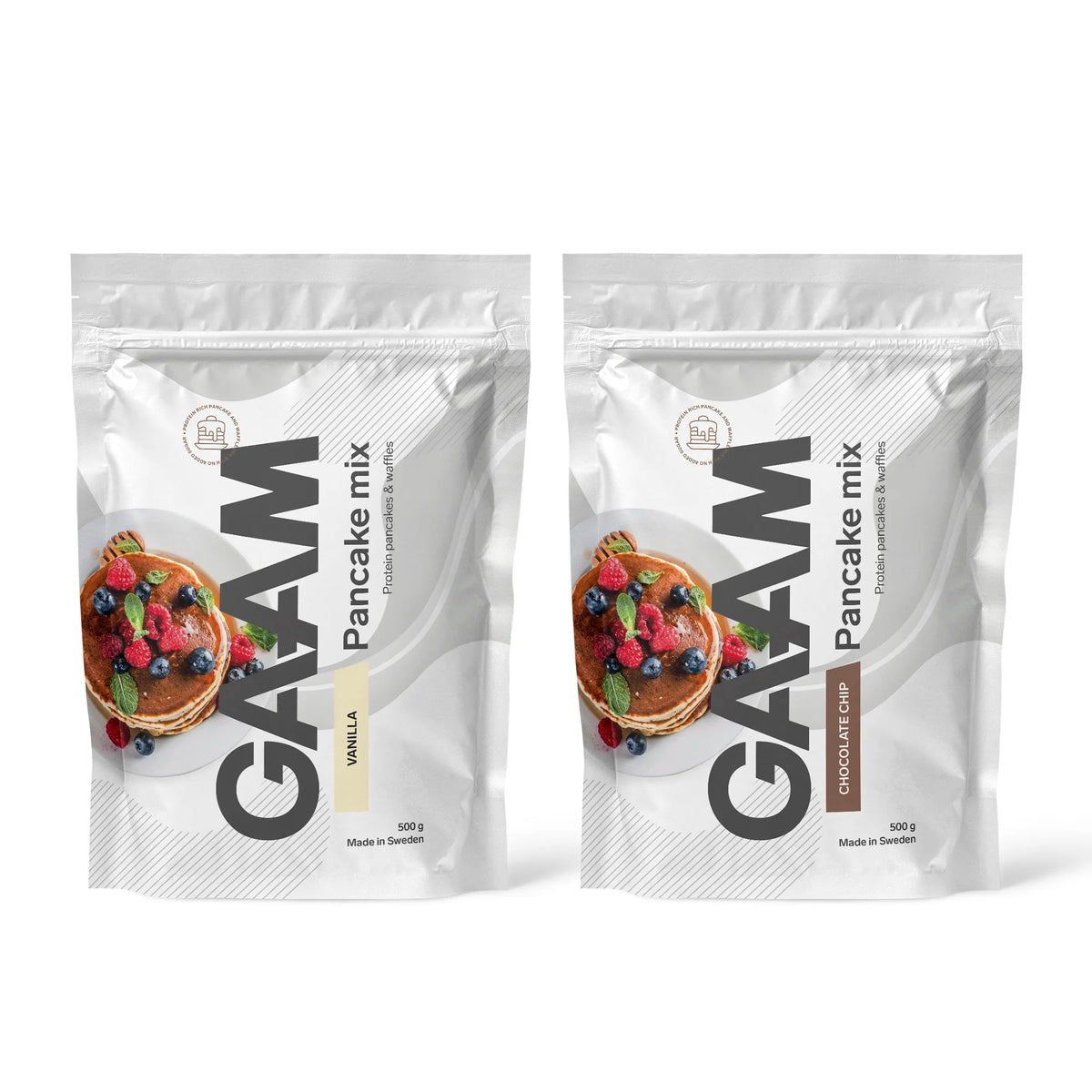 2 x GAAM Pancake Mix 500 g kahdessa valkoisessa pussissa pannukakkukuvilla, mauissa Vanilla ja Chocolate Chip., kuva 1/1