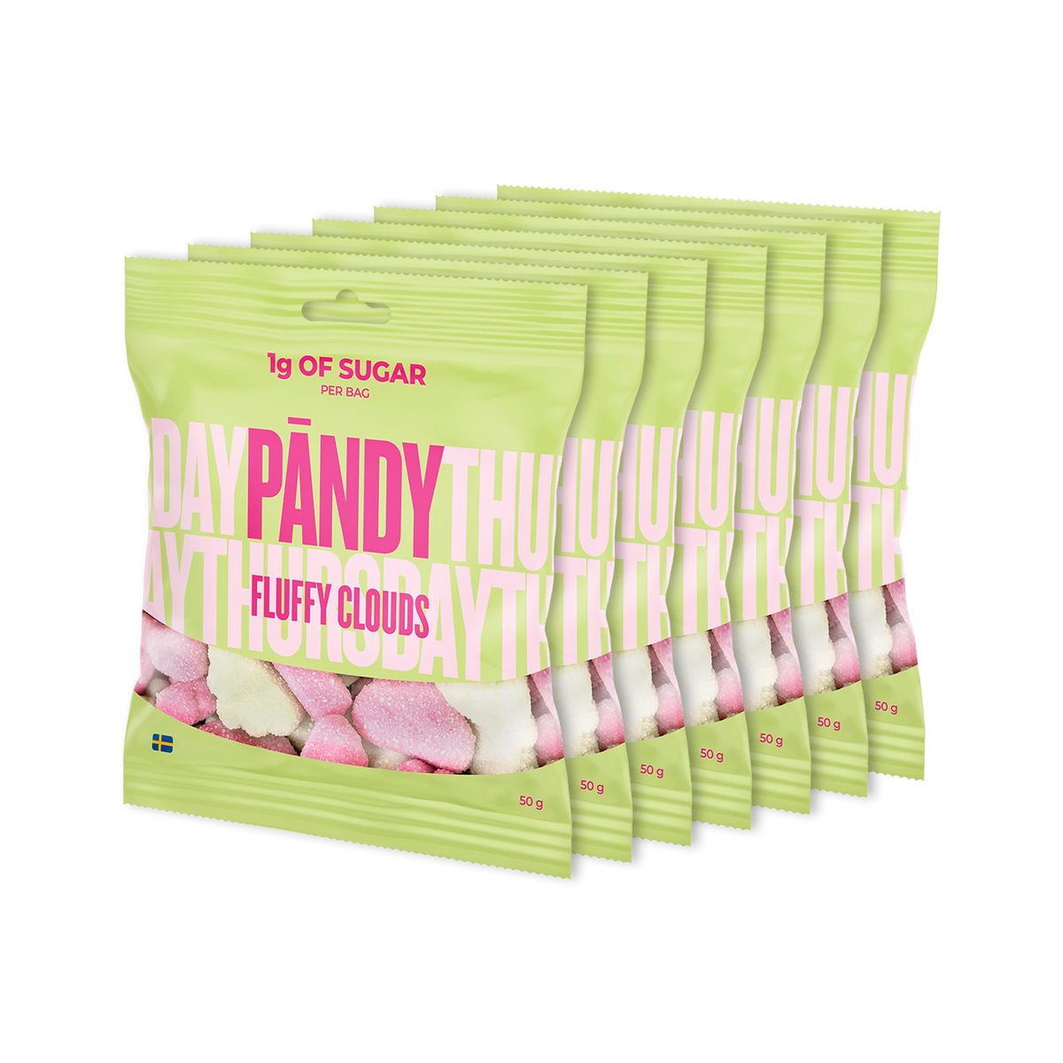 7 x Pändy Candy 50 g -hyytelömakeisia seitsemässä vaaleanvihreässä pussissa, makuna Fluffy Clouds.