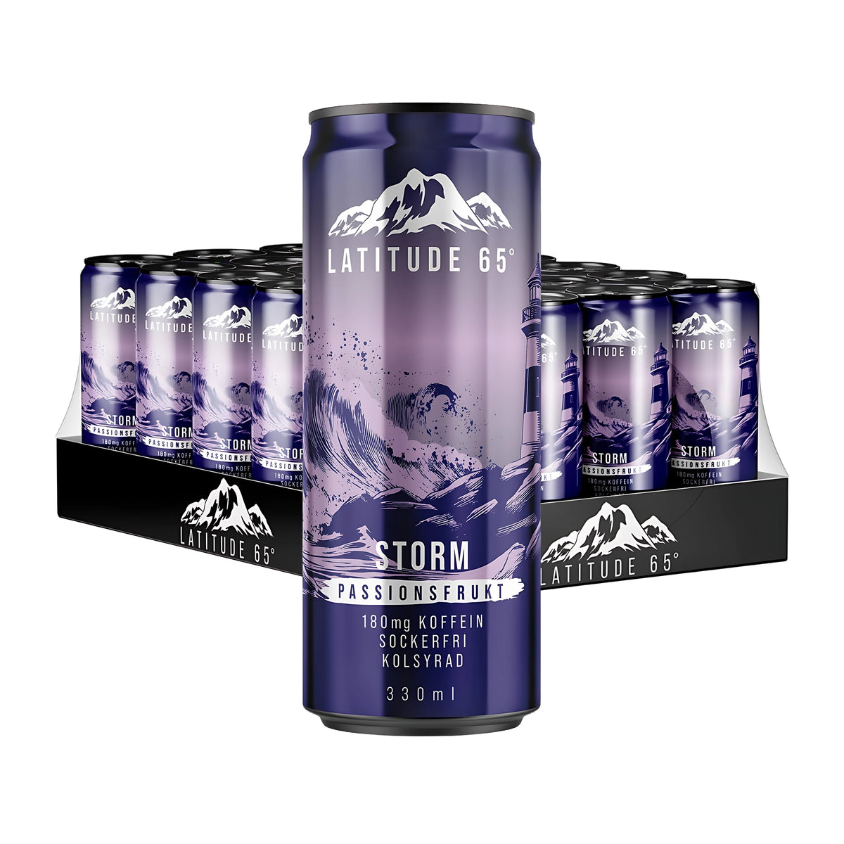 24 x Latitude 65 330 ml Storm - Passionhedelmä 24-pakkauksessa, violetti tölkki etualalla kokonaisen lavan edessä.