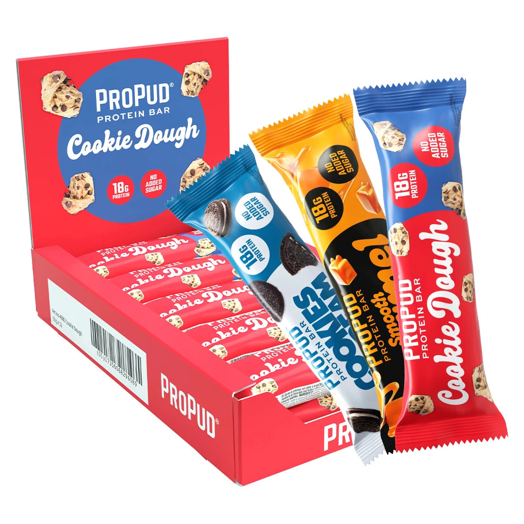 12 x NJIE ProPud Proteinbar 55 g Mixlåda, punainen Cookie Dough -laatikko ja värikkäitä erimakuisia proteiinipatukoita., kuva 1/1