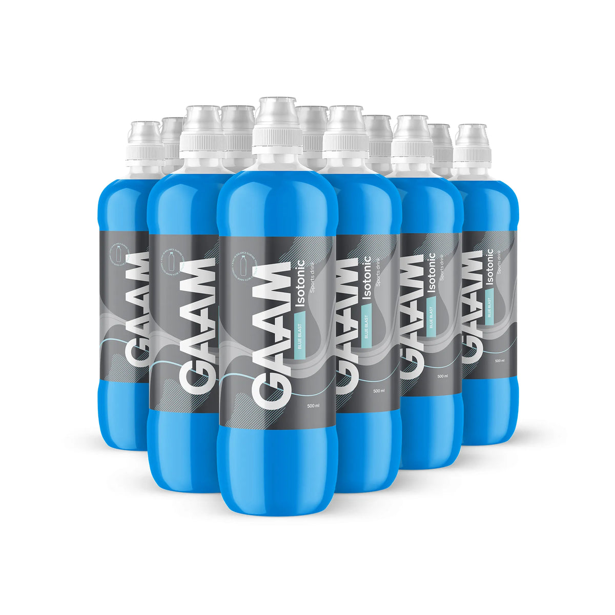 12 x GAAM Isotonic 500 ml läpinäkyvissä muovipulloissa, täynnä sinistä Blue Blast -makuista urheilujuomaa.
