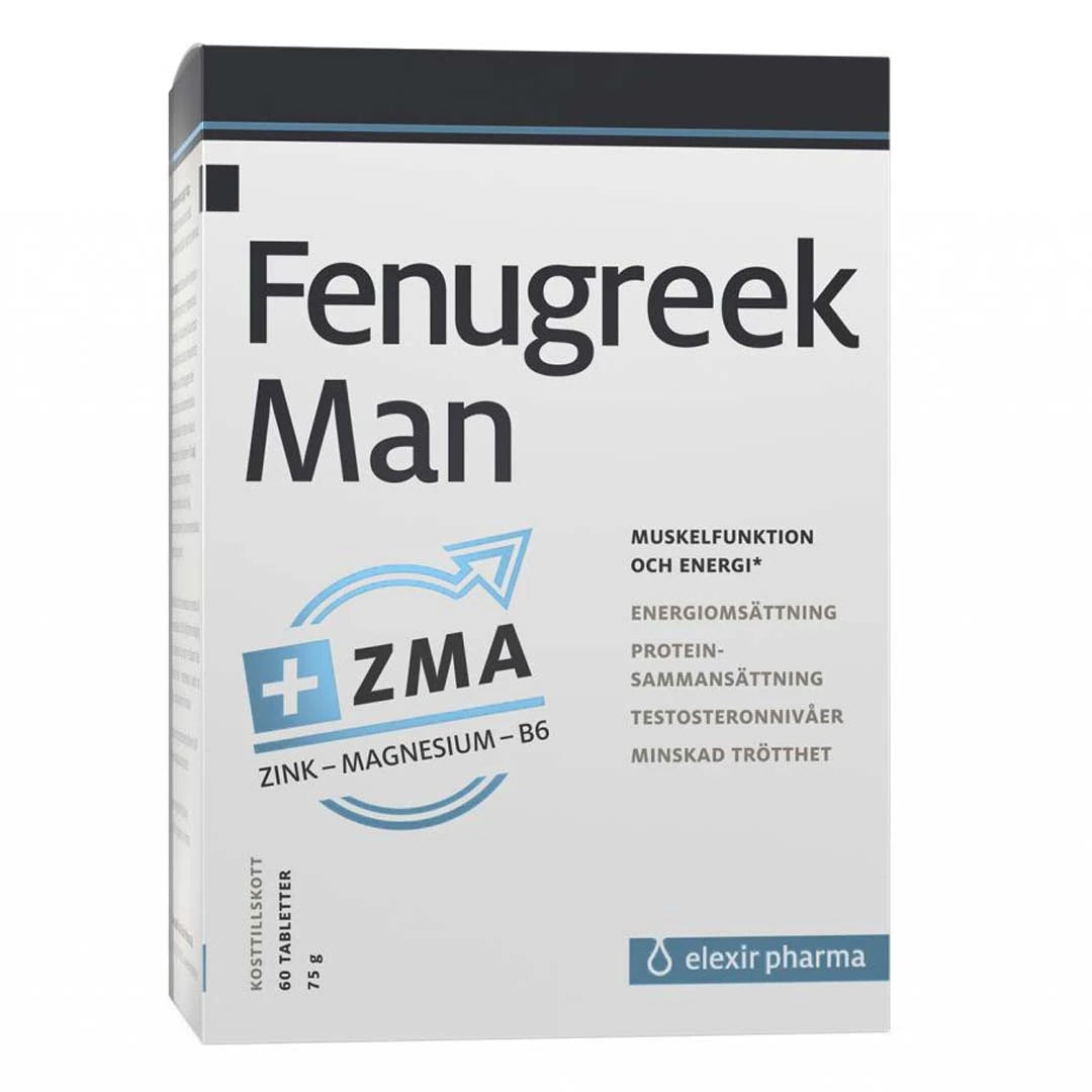 Elexir Pharma Fenugreek Man + ZMA 60 tabs valkoisessa rasiassa hyvinvoinnin ja testosteronitasojen tueksi., kuva 1/1