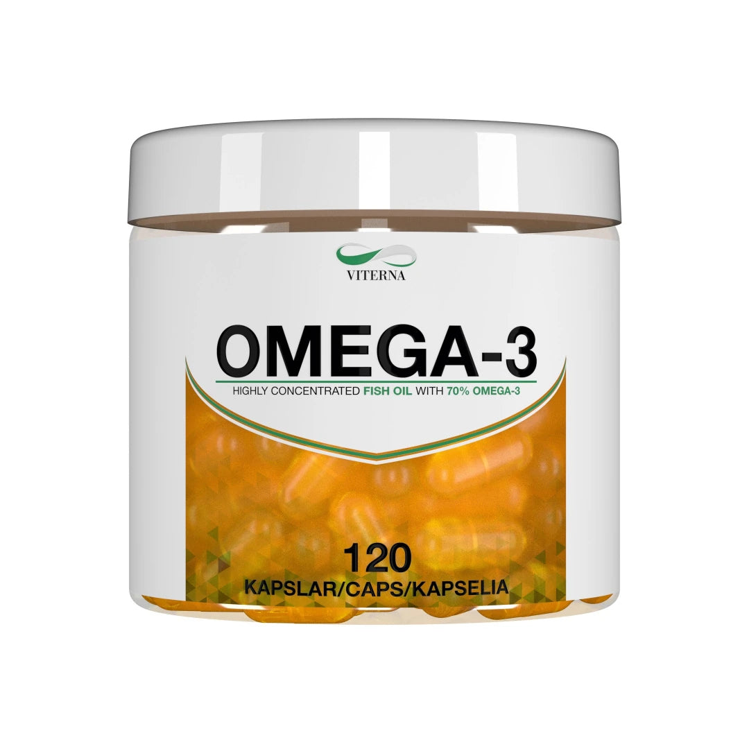 Viterna Omega-3 120 caps läpinäkyvässä purkissa valkoisella etiketillä, jonka läpi näkyy oransseja kapseleita., kuva 1/1