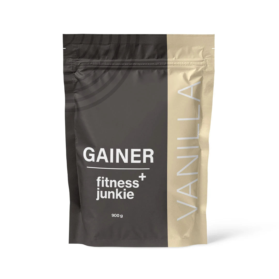 fitnessjunkie Gainer 900 g mustassa ja beigessä pussissa, makuna Vanilla., kuva 1/3