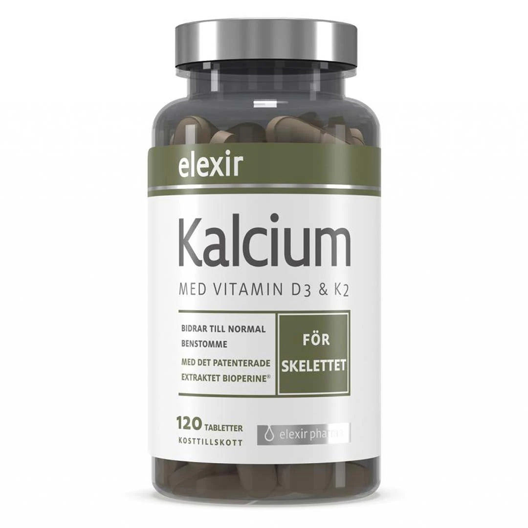Elexir Pharma Kalcium 120 tabs tummassa läpinäkyvässä purkissa hopeisella kannella ja vihreävalkoisella etiketillä., kuva 1/1