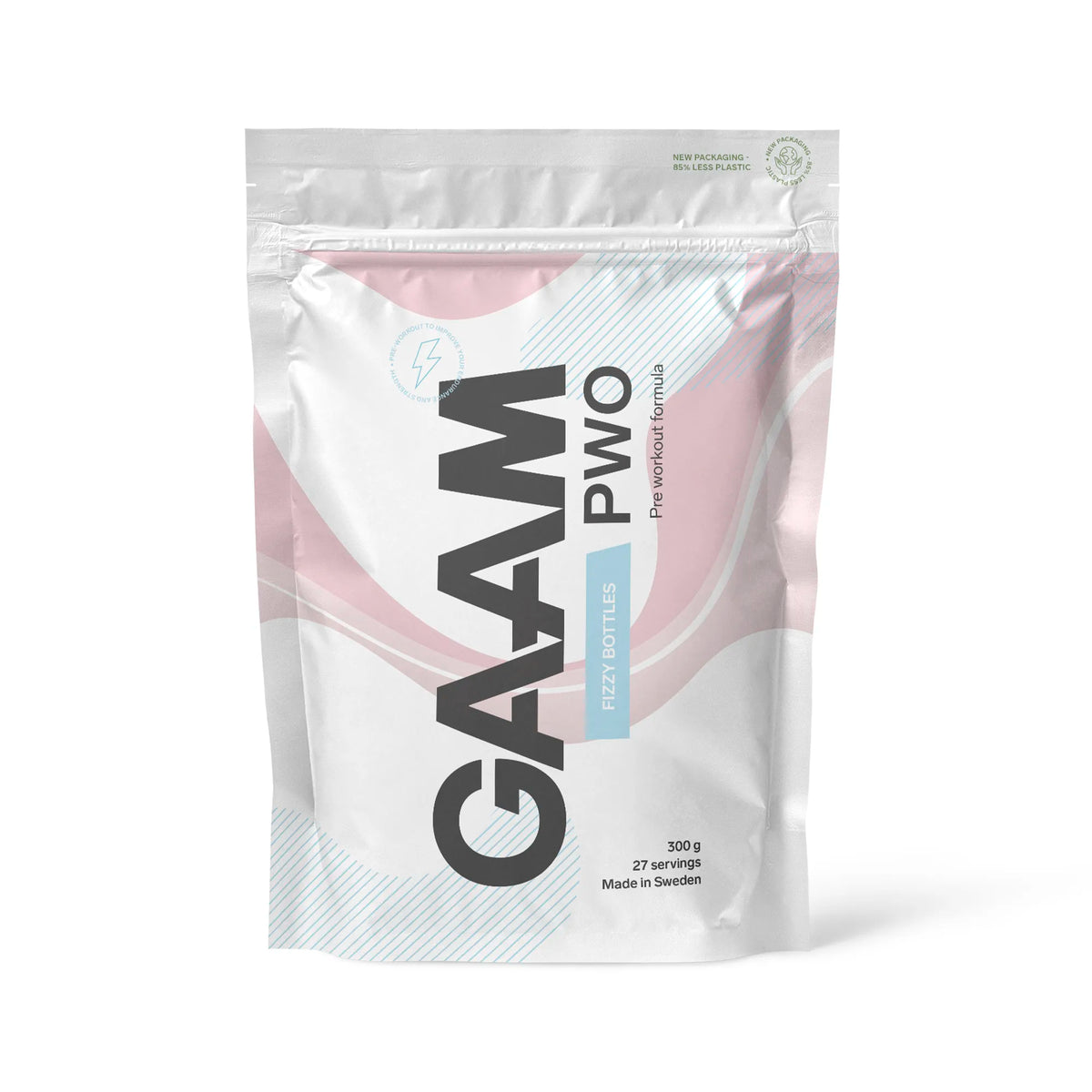 Valkoinen pussi GAAM PWO 300 g -pre-workout-jauhetta pinkeillä ja sinisillä yksityiskohdilla, makuna Fizzy Bottles., kuva 4/5