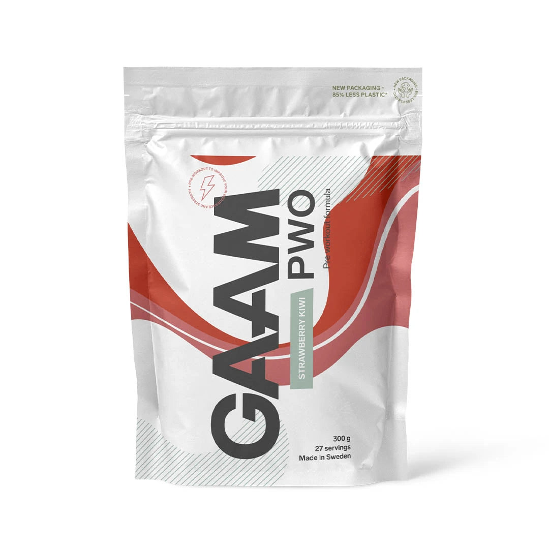 Valkoinen pussi, jossa on punaisia yksityiskohtia, GAAM PWO 300 g -jauhetta maussa Strawberry Kiwi., kuva 5/5