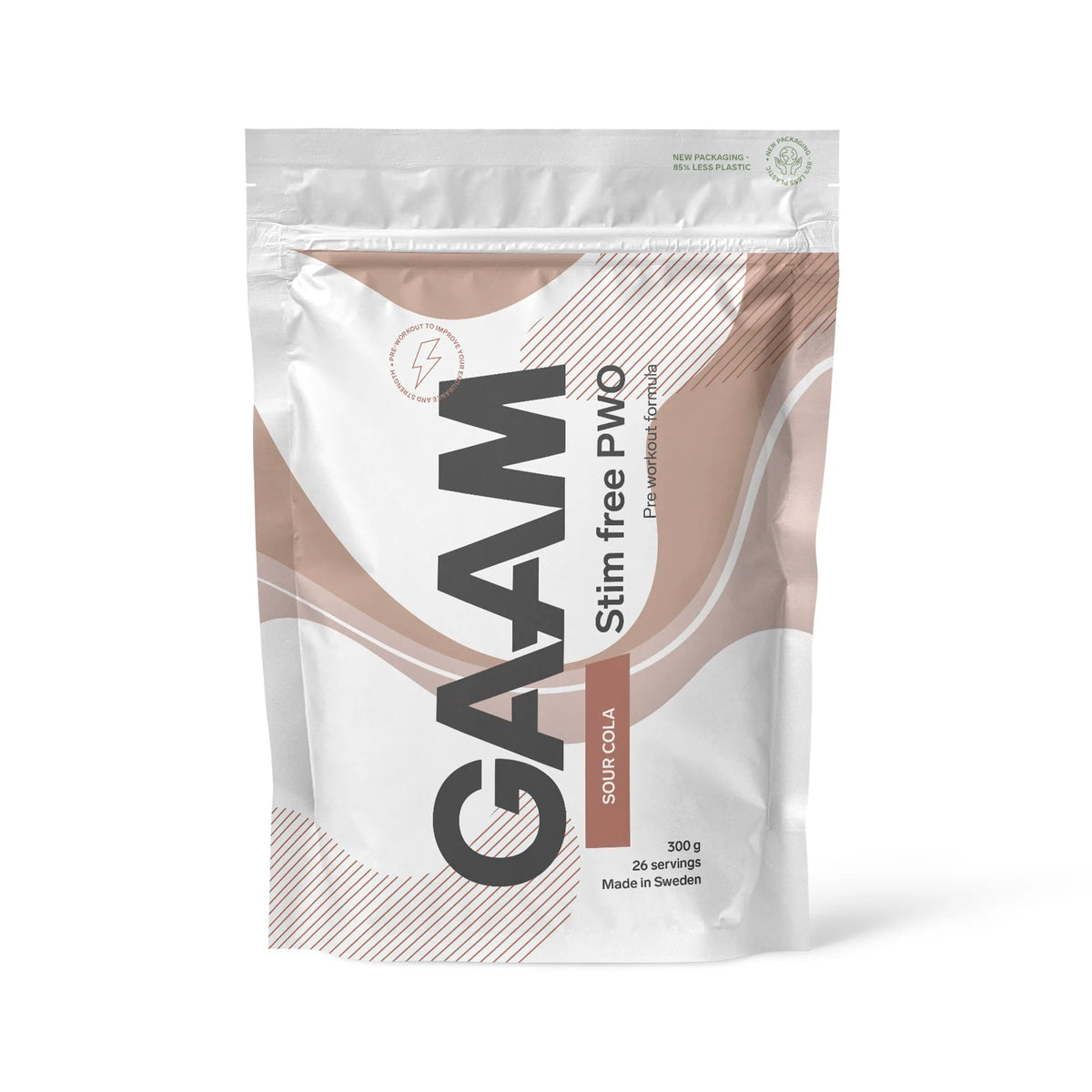 GAAM Stim free PWO 300 g valkoisessa pussissa ruskeilla yksityiskohdilla, makuna Sour Cola., kuva 3/3