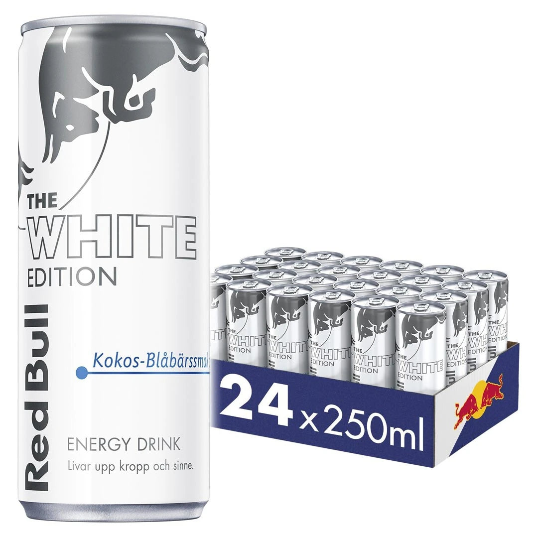 24 x Red Bull energiajuoma 250 ml White Edition Kookos Mustikka sinisessä laatikossa valko-hopeisilla tölkeillä., kuva 1/1
