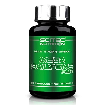 Scitec Nutrition Mega Daily One Plus -monivitamiini mustassa purkissa, jossa on vihreä etiketti ja hopea kansi.
