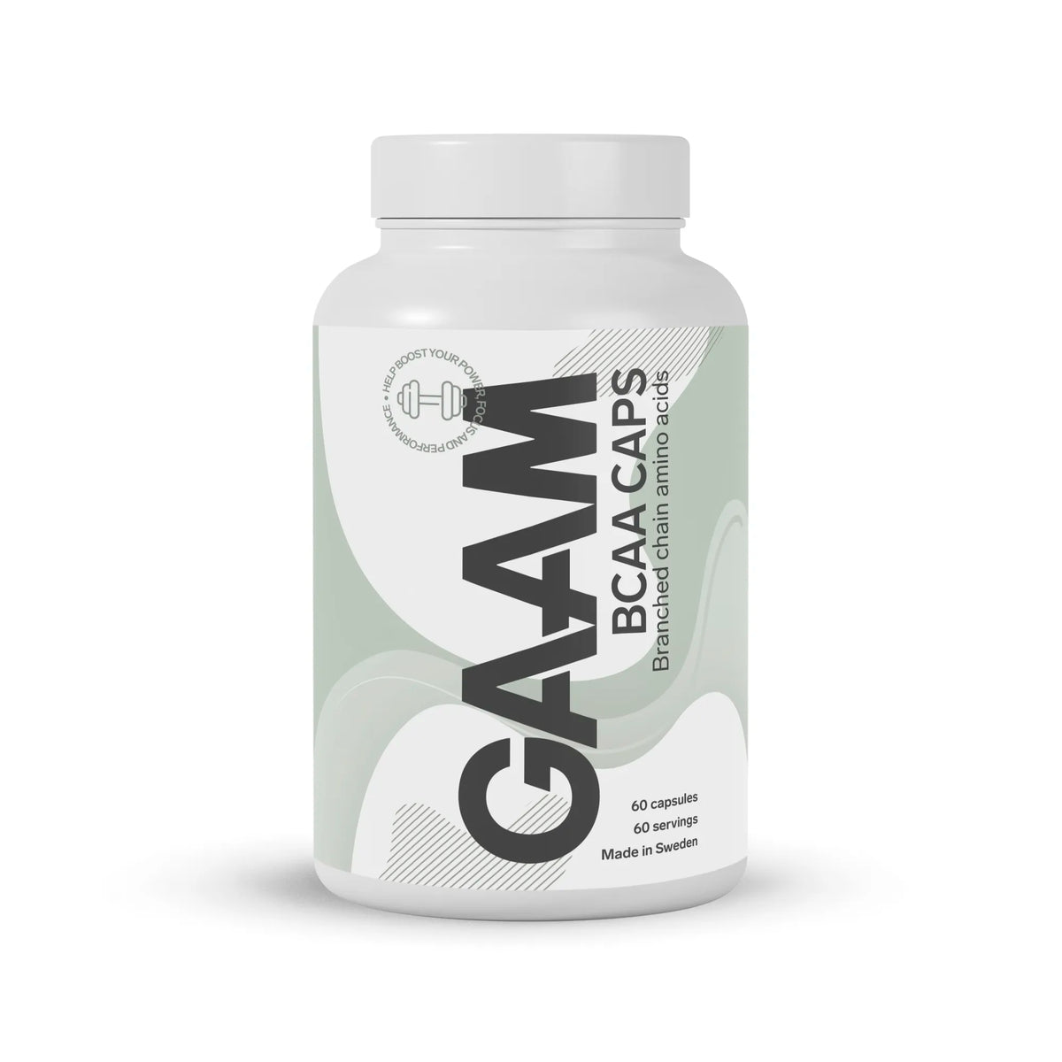 GAAM BCAA 60 caps -kapselit valkoisessa purkissa harmaanvihreillä yksityiskohdilla.