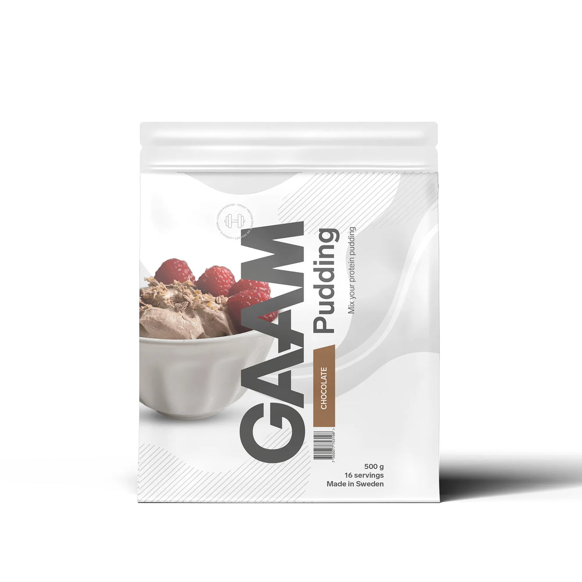 GAAM Pudding 500 g -proteiinivanukas valkoisessa pussissa harmailla ja ruskeilla yksityiskohdilla, makuna suklaa., kuva 1/1