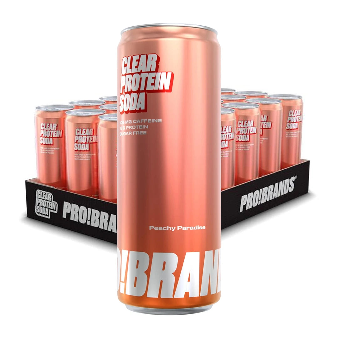 24 x Pro Brands Clear Protein Soda 330 ml mustassa laatikossa täynnä persikanvärisiä tölkkejä, makuna Peachy Paradise.