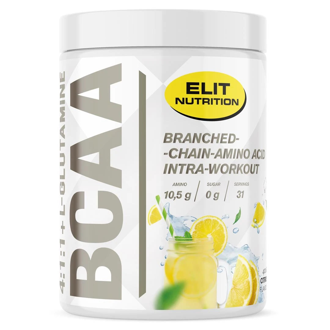 Elit Nutrition BCAA 4:1:1 + L-glutamine 400 g -aminohappojauhe valkoisessa purkissa keltaisin sitruunayksityiskohdin, makuna Citrus., kuva 4/6