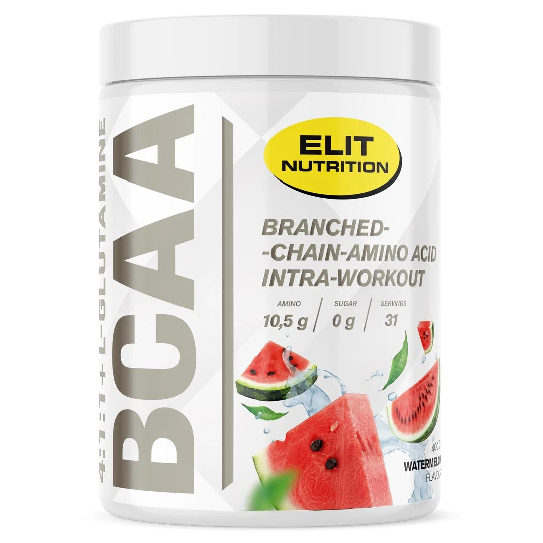 Elit Nutrition BCAA 4:1:1 + L-glutamine 400 g -aminohappojauhe valkoisessa purkissa vesimelonikuvituksella, makuna Watermelon., kuva 3/6