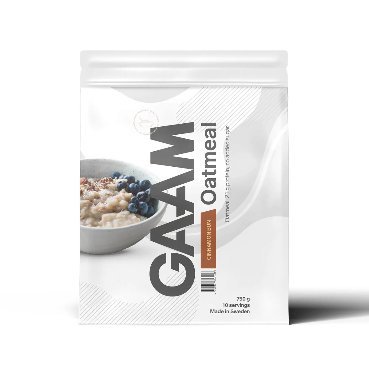 GAAM Oatmeal 750 g -proteiinipuuro valkoisessa pussissa harmailla ja ruskeilla yksityiskohdilla, makuna Cinnamon Bun., kuva 1/2