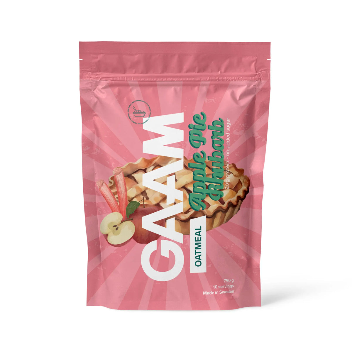 GAAM Oatmeal 750 g -pikapuuro kuviollisessa vaaleanpunaisessa pussissa piirakkakuvituksella, makuna Apple Rhubarb Pie., kuva 2/2