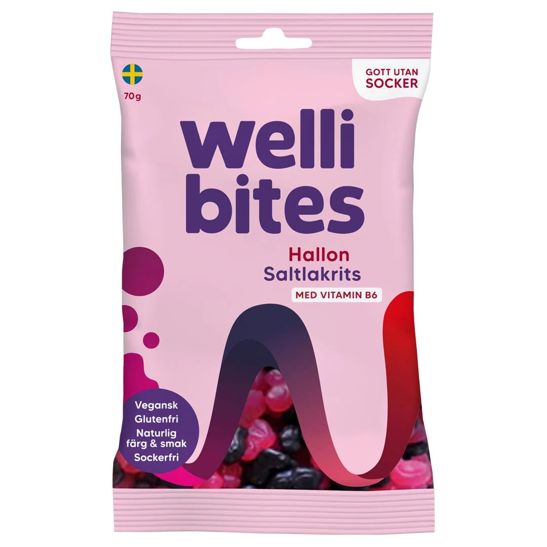 Wellibites Candy 70 g sokeritonta karkkia vaaleanpunaisessa pussissa, makuna Hallon Saltlakrits., kuva 4/6