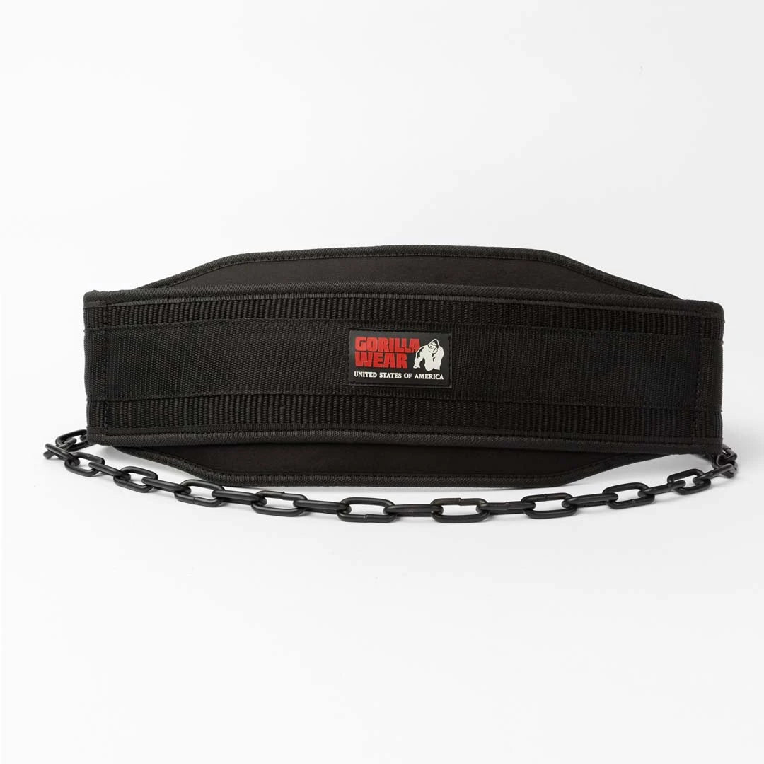 Gorilla Wear GW Nylon Dip Belt Black on musta nailoninen dippivyö mustalla teräsketjulla lisäpainoille., kuva 1/1