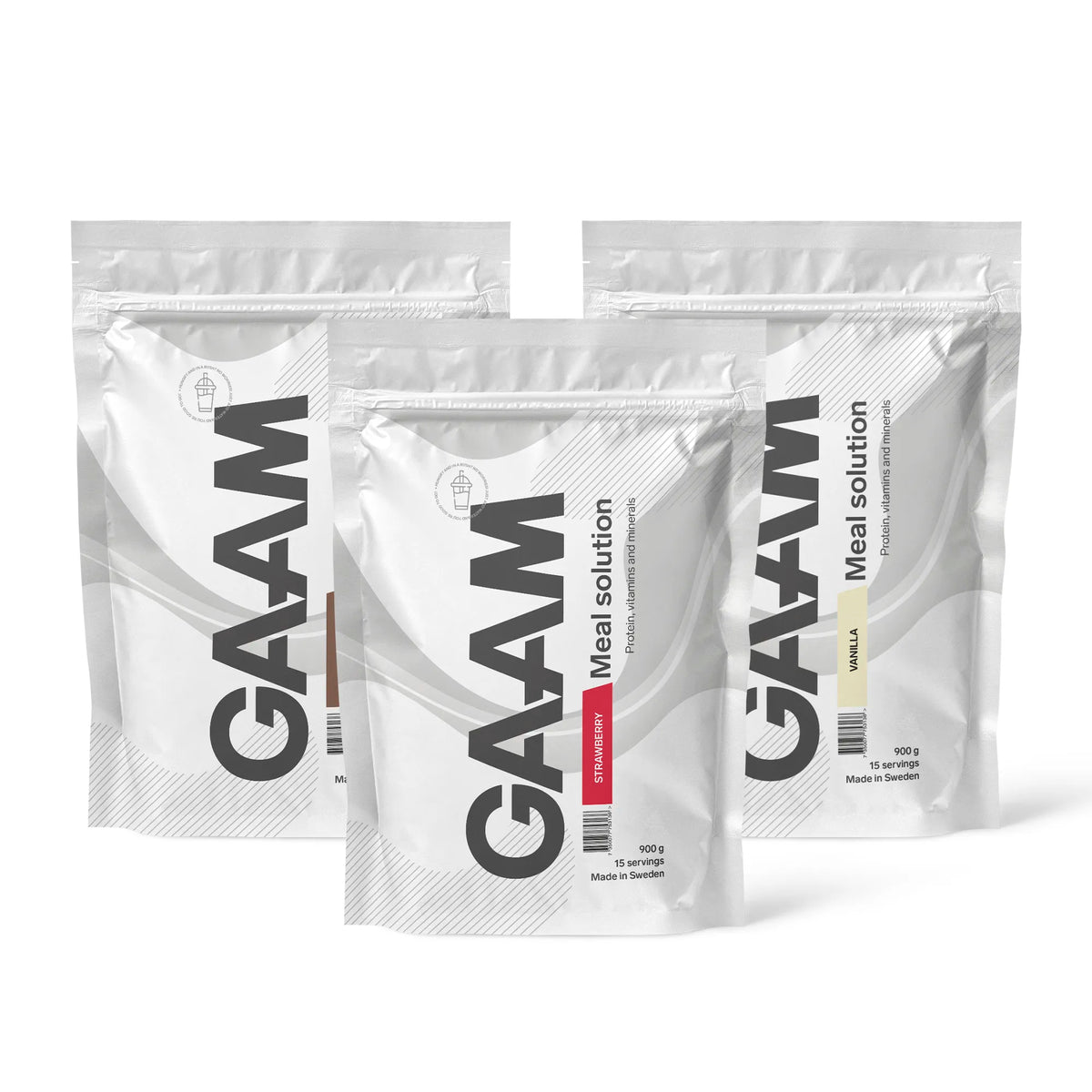 3 x GAAM Meal Solution 900 g ateriankorvike kolmessa valkoisessa pussissa, makuna Strawberry, Vanilla ja Chocolate., kuva 1/1