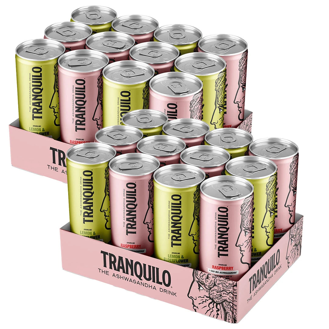 24 x Tranquilo 330 ml Mixflak i ett rosa flak innehållande rosa och gula burkar med ansiktsillustrationer., bild 1 av 1