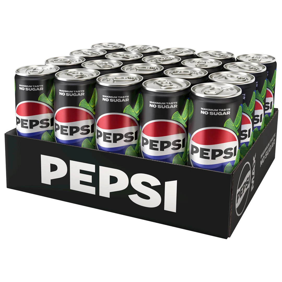20 x Pepsi MAX 330 ml Lime mustassa laatikossa, jossa on vihreillä limen lehdillä koristeltuja mustia virvoitusjuomatölkkejä.