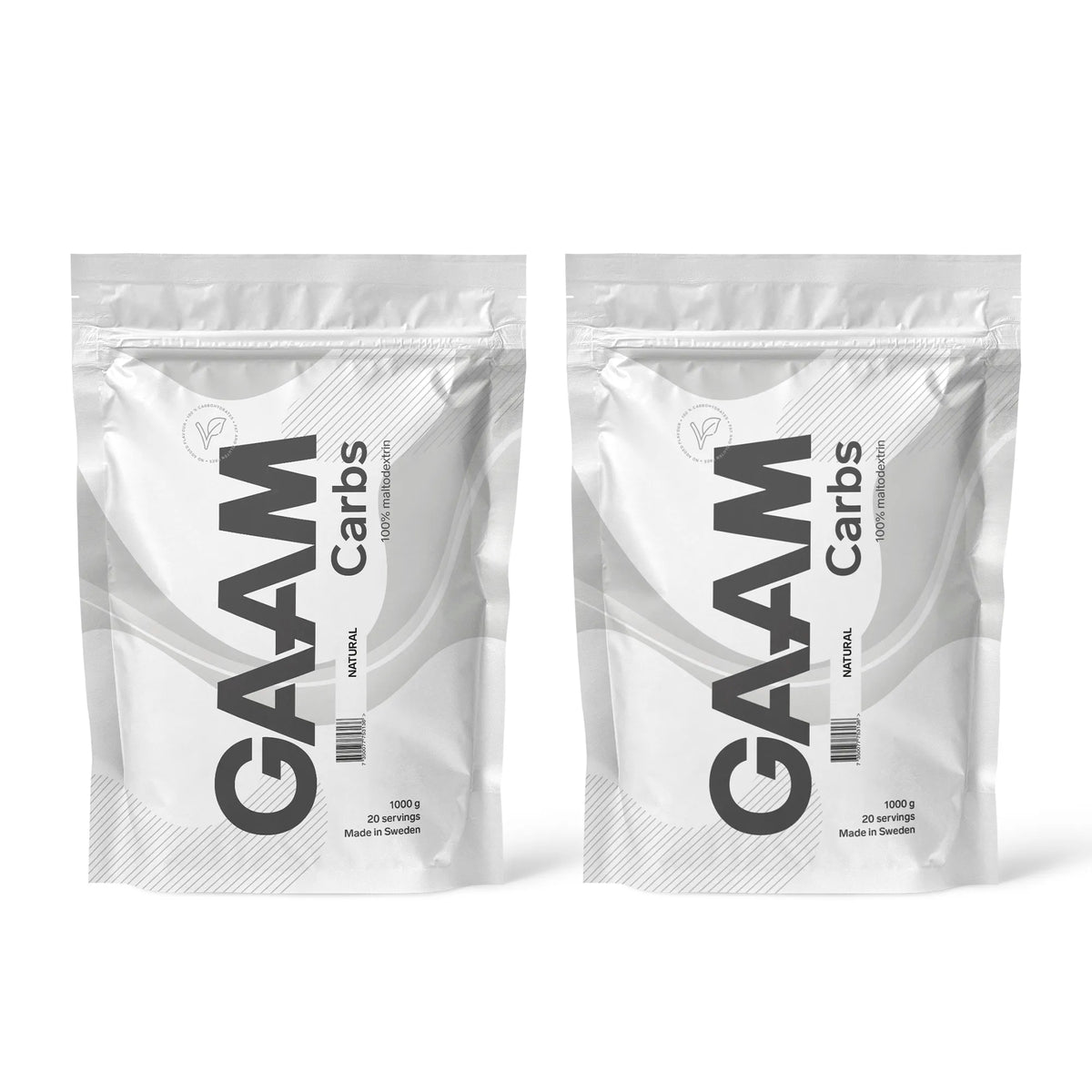 2 x GAAM Carbs - 100% Maltodextrin 1 kg kahdessa valkoisessa pussissa harmailla yksityiskohdilla, makuna Naturell., kuva 1/1