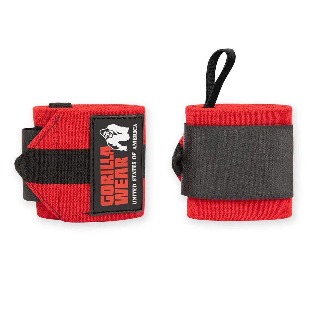 Gorilla Wear Wrist Wraps Ultra Black/Red, joustavat punamustat rannesiteet peukalolenkeillä ja tarrakiinnityksellä.