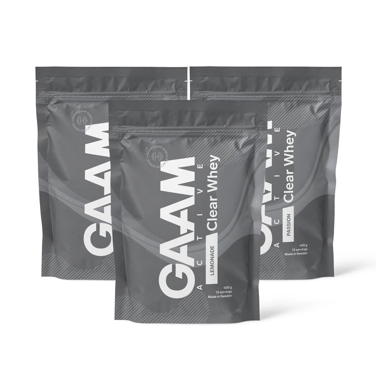 3 x GAAM Active Clear Whey Proteinpulver 400 g harmaissa pusseissa valkoisella tekstillä, makuina Lemonade ja Passion., kuva 1/1