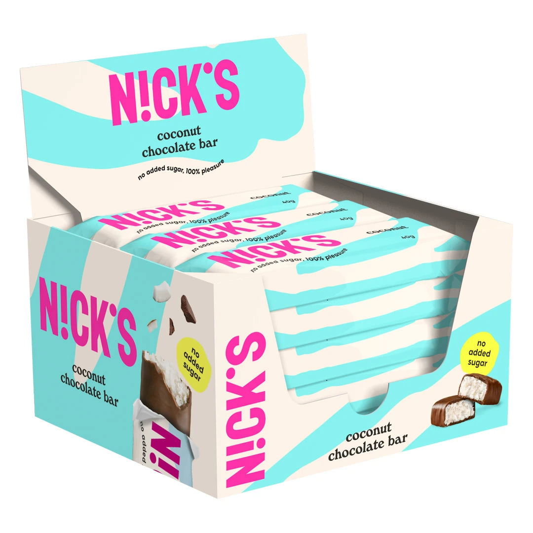 15 x Nicks Coconut 40 g vaaleansinisessä ja valkoisessa laatikossa täynnä suklaapatukoita.