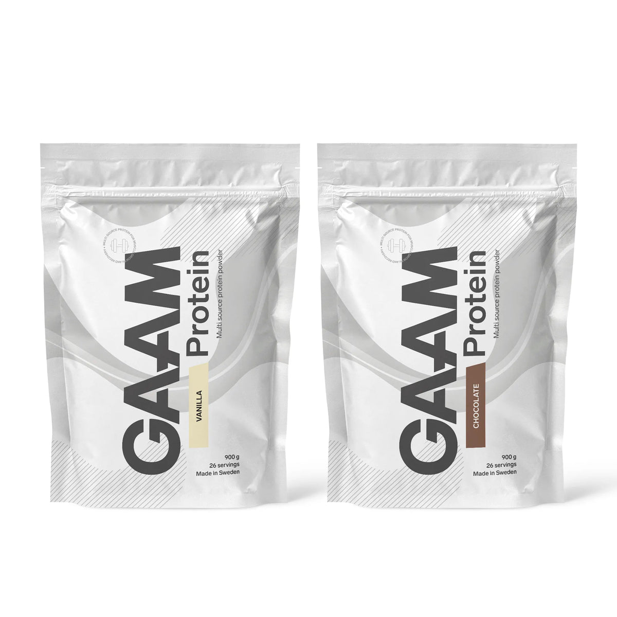 2 x GAAM Protein 900 g -proteiinijauhe kahdessa valkoisessa pussissa, makuina Vanilla ja Chocolate., kuva 1/1