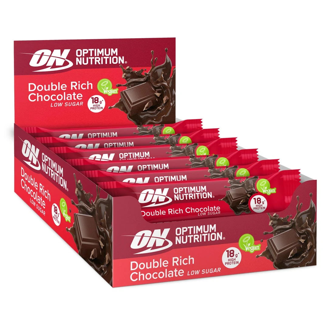 12 x Optimum Nutrition Vegan Protein Bar 60 g Mixlåda i en röd låda med chokladdetaljer för smaken Double Rich Chocolate., bild 1 av 1