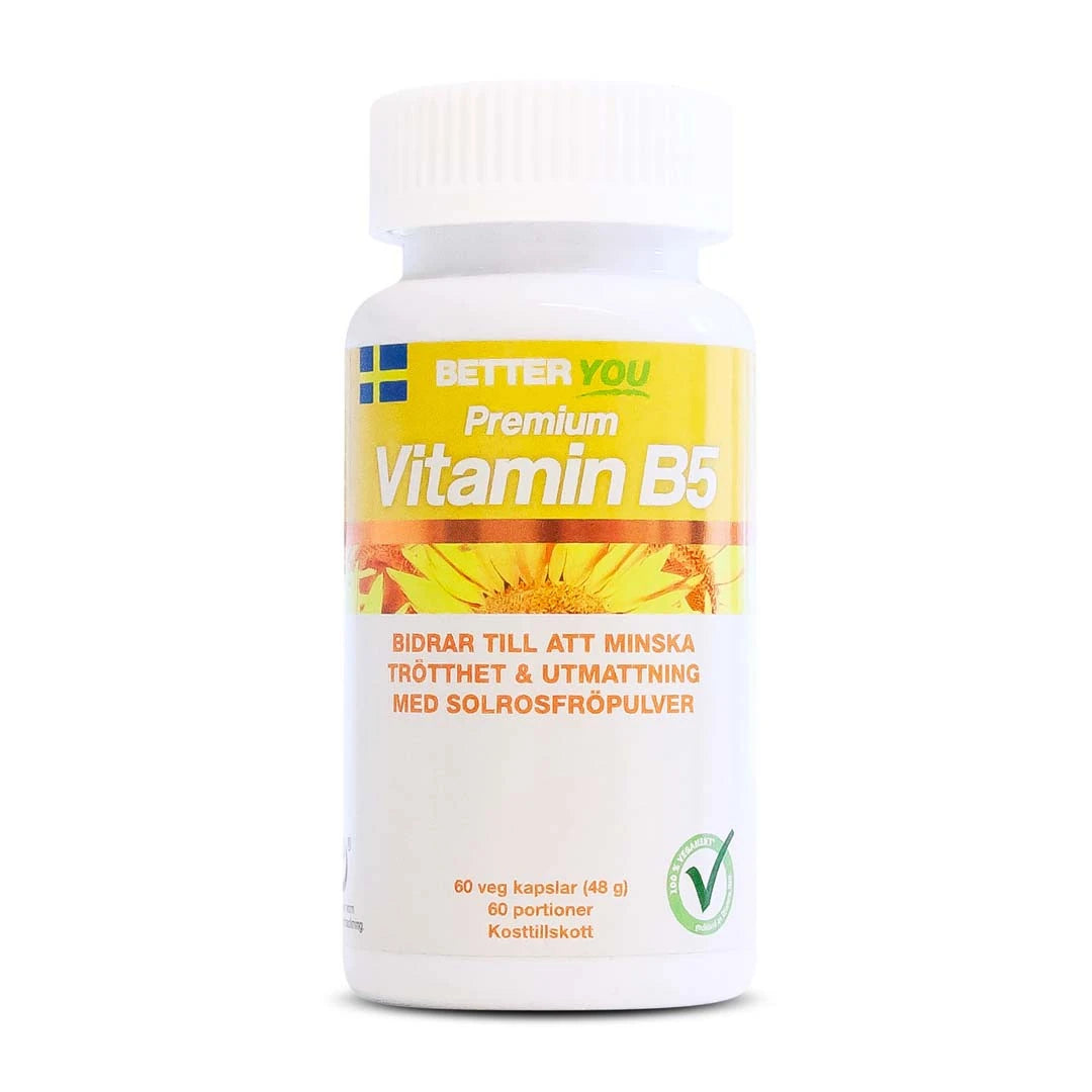 Better You Premium Vitamin B5 60 caps valkoisessa purkissa, jossa on keltainen etiketti ja auringonkukkakuvio., kuva 1/1