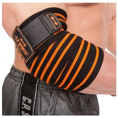 C.P. Sports Elbow Wraps Pro Black White, tässä mustaoranssina, kiedottuna käsivarteen lisätuen antamiseksi., kuva 3/3