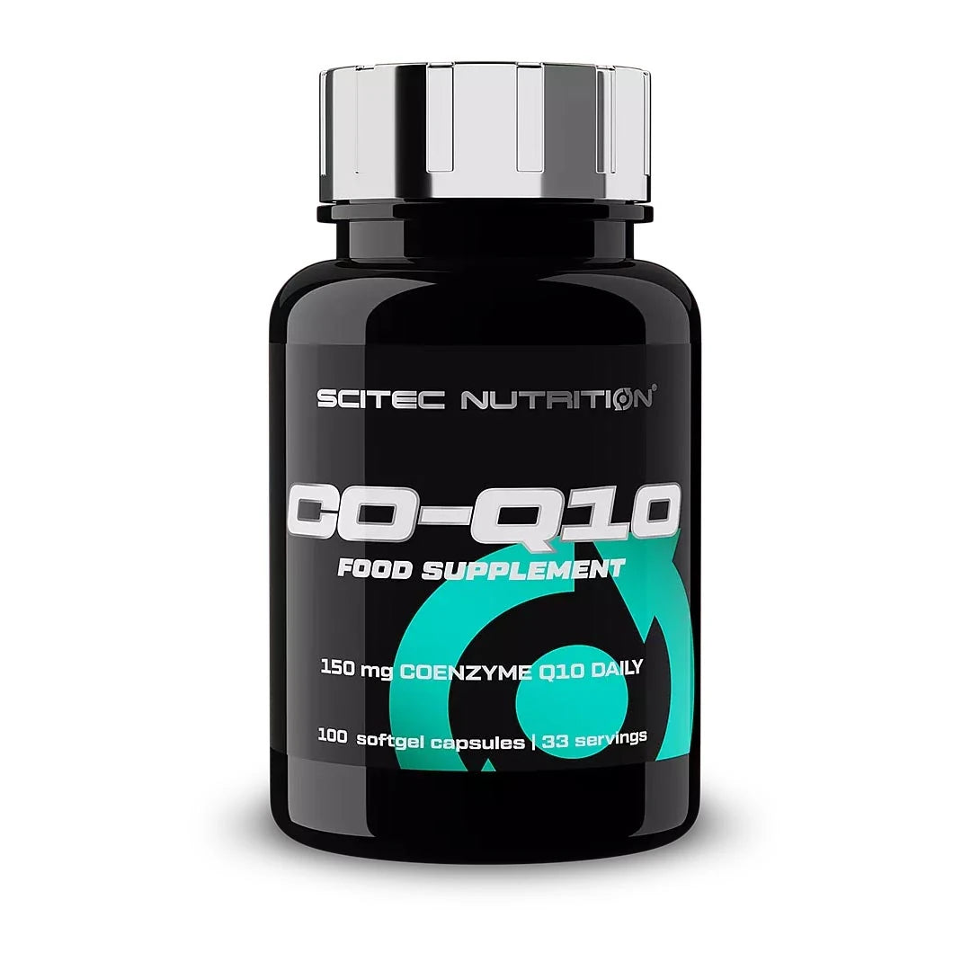 Scitec Nutrition CO-Q10 100 caps -ravintolisä mustassa purkissa, jossa on turkooseja yksityiskohtia ja hopeinen kansi., kuva 1/1