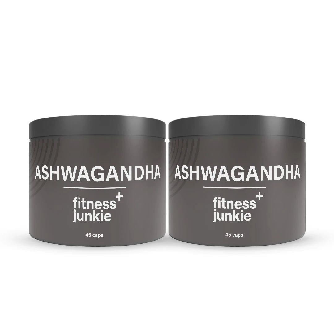 2 x fitnessjunkie Ashwagandha 45 caps -ravintolisä kahdessa tummanharmaassa purkissa valkoisella tekstillä., kuva 1/1