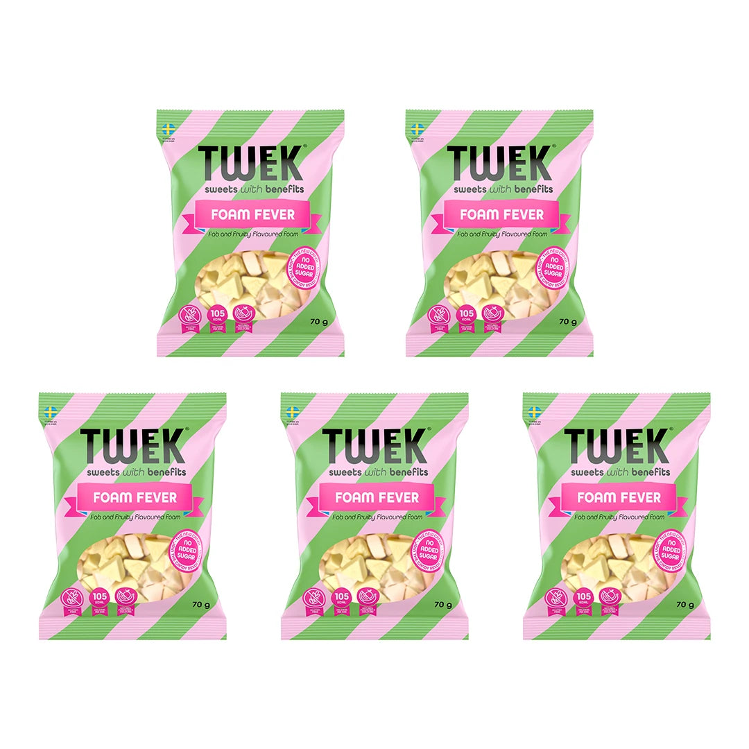 Fem stycken 5 x Tweek Sweets 70 g Foam Fever godispåsar i grönt och rosa med genomskinligt fönster., bild 1 av 1