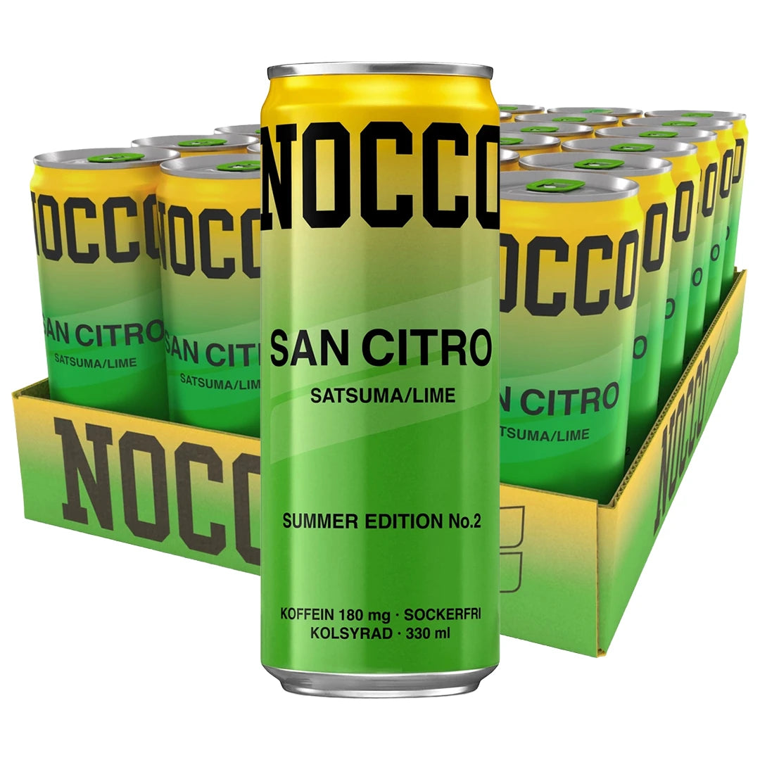 24 x NOCCO BCAA 330 ml San Citro i ett gröngult flak med matchande energidrycksburkar för smaken Satsuma/Lime., bild 1 av 1