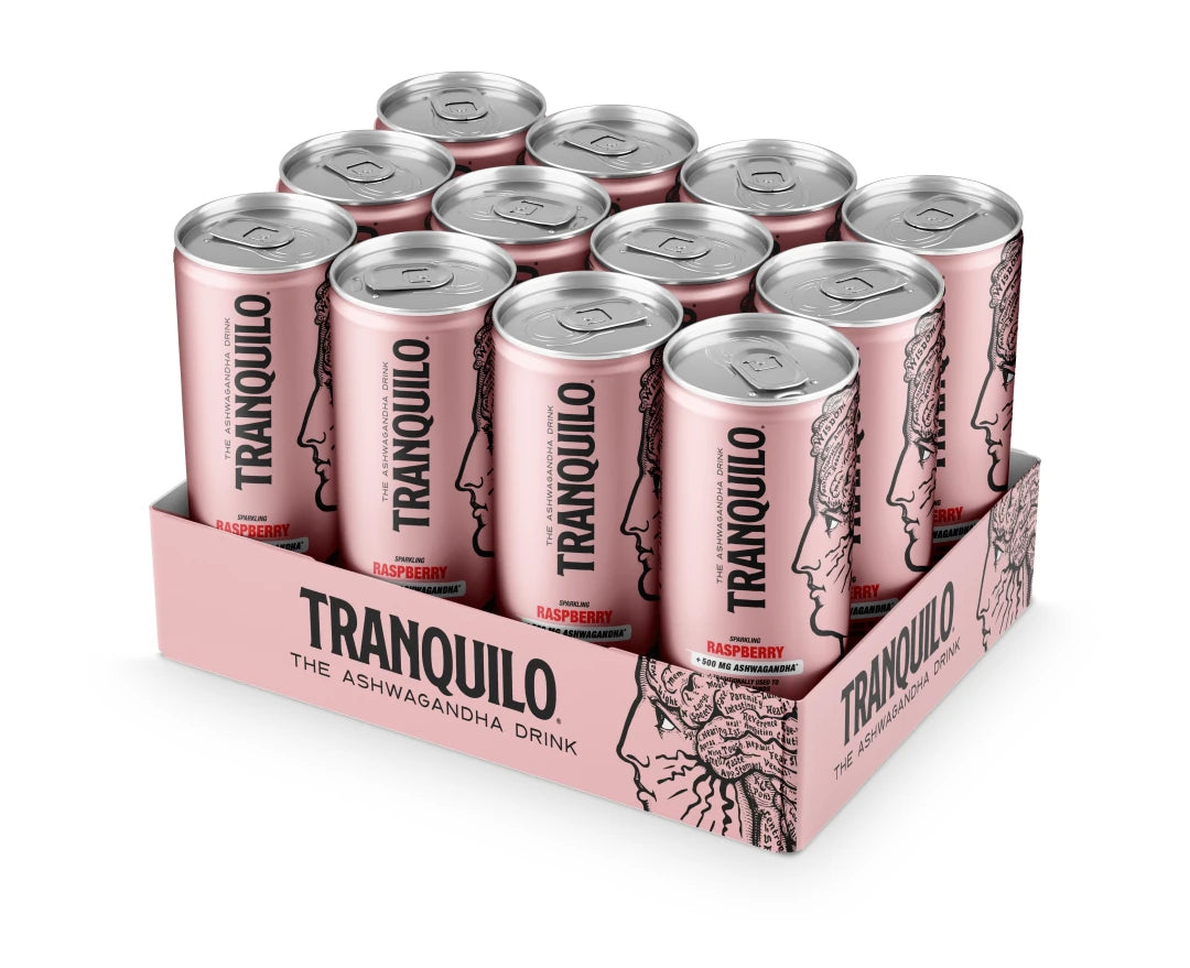 12 x Tranquilo 330 ml -juomatölkkiä vaaleanpunaisessa laatikossa mustilla yksityiskohdilla, makuna vadelma., kuva 1/1
