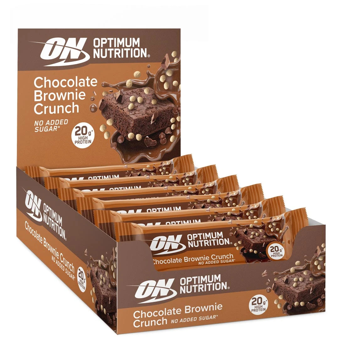 10 x Optimum Nutrition Protein Bar 65 g Chocolate Brownie Crunch ruskeassa laatikossa, jossa on proteiinipatukoita., kuva 1/1
