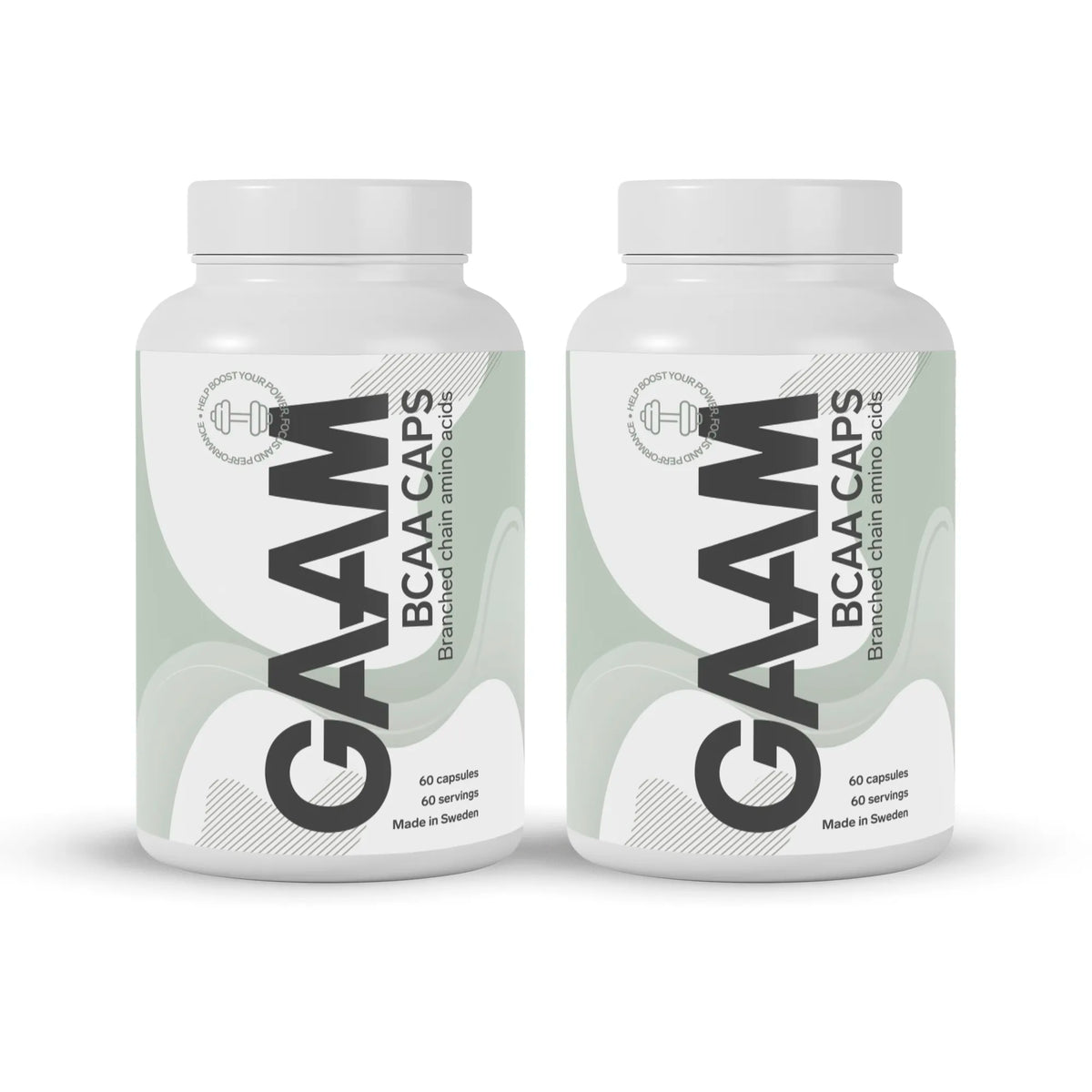 2 x GAAM BCAA 60 caps i två vita burkar med ljusgrönt mönster och svart text på etiketterna., bild 1 av 1