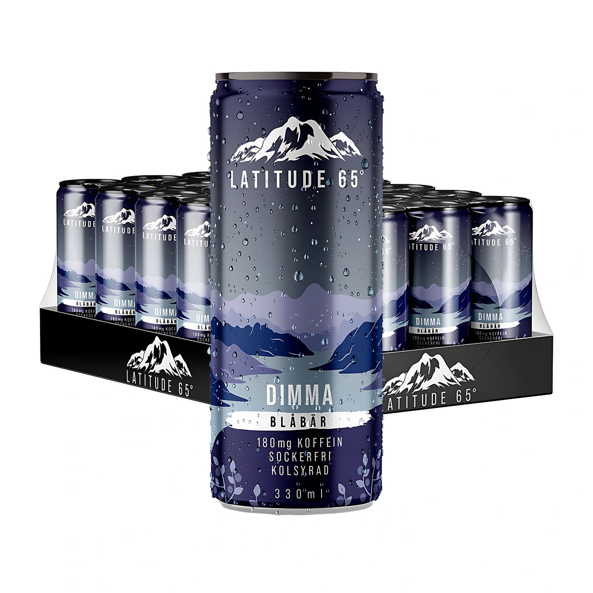 24 x Latitude 65 330 ml Dimma - Blåbär -hiilihapotettua energiajuomaa laatikollisessa tummansinisiä tölkkejä tunturikuviolla.