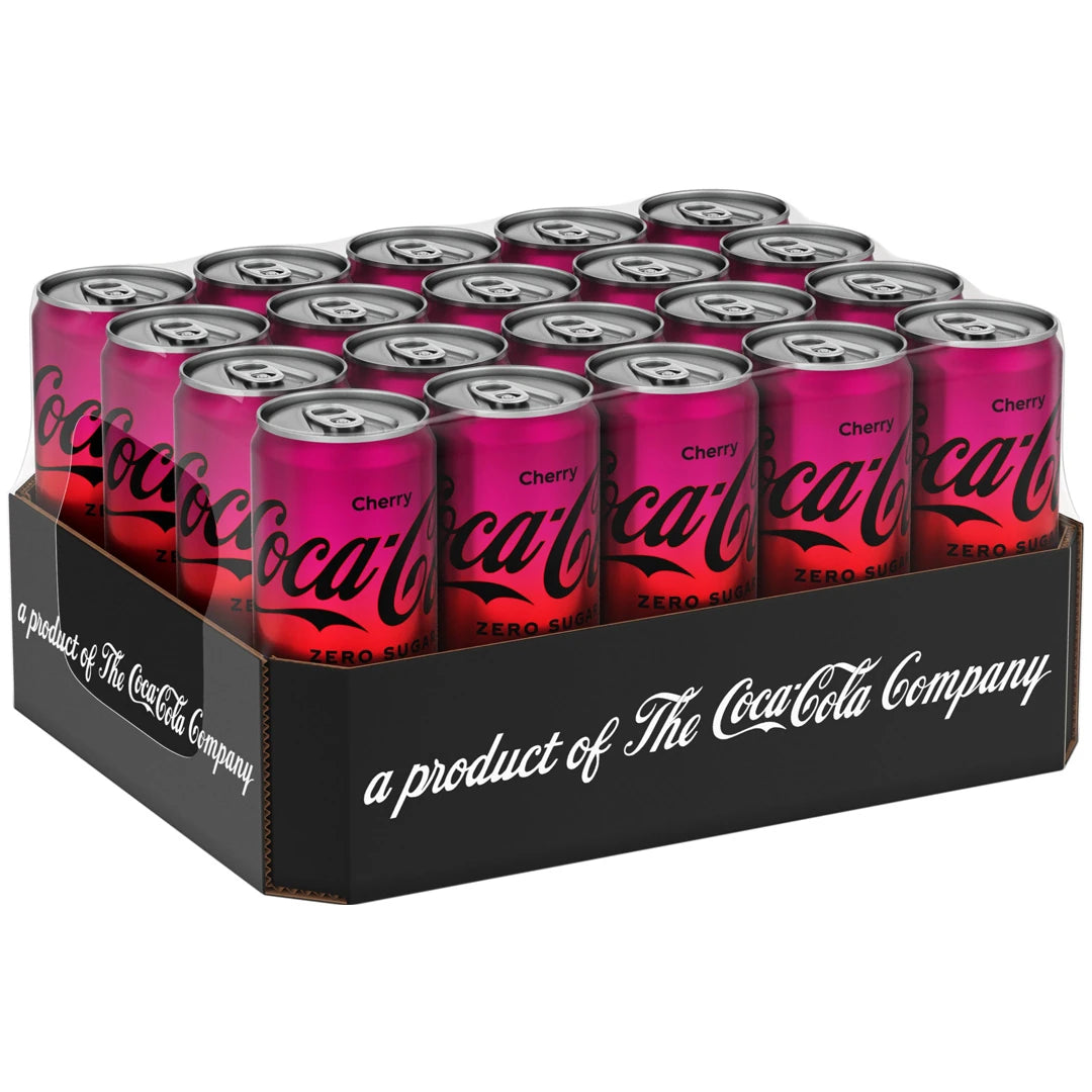 20 x Coca-Cola Zero Cherry 330 ml sokeriton virvoitusjuoma lavalla, jossa on violetteja ja mustia tölkkejä., kuva 1/1