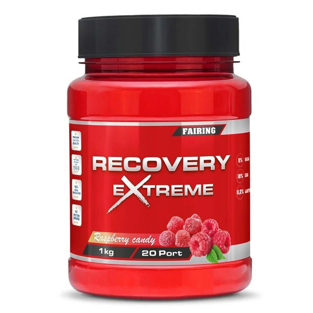Fairing Recovery Extreme 1 kg -palautusjuoma punaisessa mustakantisessa purkissa, makuna Raspberry Candy., kuva 1/2